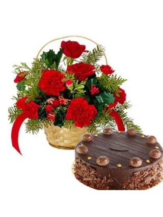 Basket Arrangement of 12 Red Carnations and Roses with 500 gms Chocolate Cake - Fresh Flowers Dubai