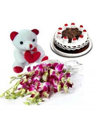 Bouquet Of 10 Orchid With 6 Inch Teddy And 1 Kg Black Forest Cake - Fresh Flowers Dubai