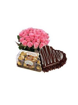 Bouquet Of 24 Pink Roses With Ferrero Rocher 24 Pieces And 1 Kg Heart Cake - Fresh Flowers Dubai