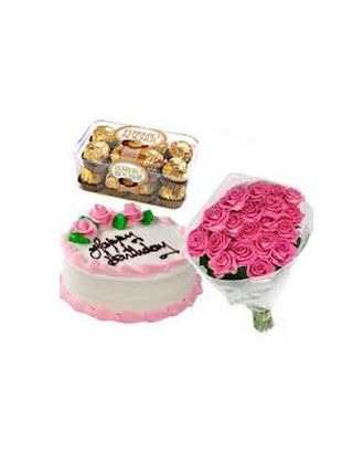 Bouquet Of 24 Pink Roses With Ferrero Rocher 24 Pieces And 1 Kg Vanilla Cake - Fresh Flowers Dubai