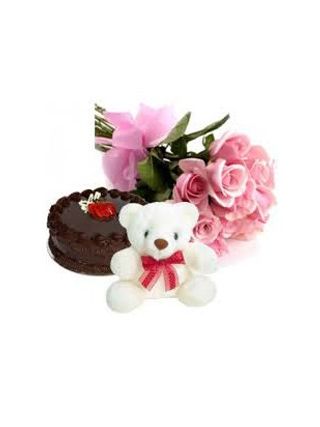 Bunch Of 12 Pink Roses With 1 Kg Chocolate Truffle Cake And 9 Inch Teddy - Fresh Flowers Dubai