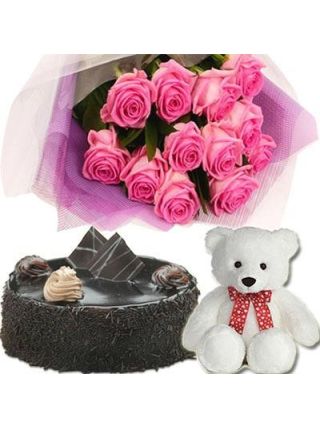Bunch of 12 Pink Roses with a Small Teddy and 500 gms Lip smacking Chocolate Cake - Fresh Flowers Dubai
