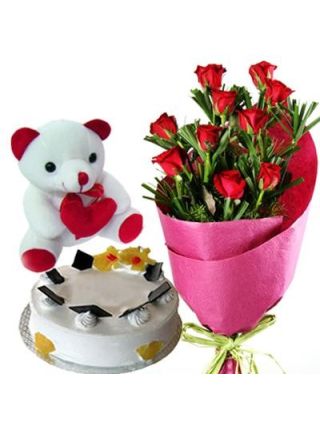 Bunch of 12 Red Roses along with 500 gms Pineapple Cake and 6 inches Cute Teddy Bear - Fresh Flowers Dubai