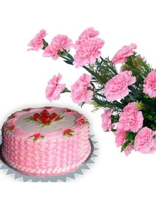 Bunch of 15 Pink Carnations along with 500 gms Strawberry Cake - Fresh Flowers Dubai