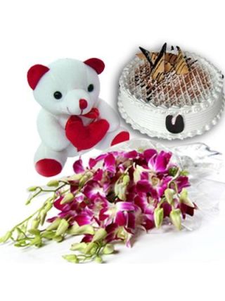 Bunch of 6 Stem Purple/Blue Orchids along with 500gm Black Forest Cake and 6 inches Cute Teddy Bear - Fresh Flowers Dubai