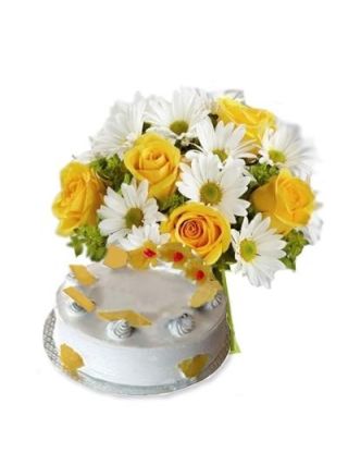 Bunch of White and Yellow Seasonal Flowers along with 500 gms Pineapple Cake - Fresh Flowers Dubai