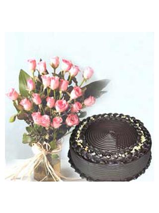 Chocolate Truffle Cake with 25 Pink Roses - Fresh Flowers Dubai