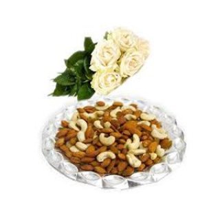 12 White Roses Bouquet With 1 Kg Assorted Dryfruits - Fresh Flowers Dubai