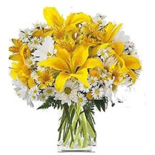 Yellow Lily And White Gerbera In Vase 20 Stems - Fresh Flowers Dubai