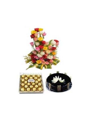 MIX ROSES BASKET 50 FLOWERS WITH 24 PIECES FERRERO ROCHER CHOCOLATE AND 500GM CHOCOLATE CAKE - Fresh Flowers Dubai