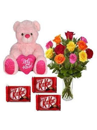 Mix Roses In Vase 24 Flowers With 6 Inch Teddy and 24 Nestle Kit Kat Bars - Fresh Flowers Dubai