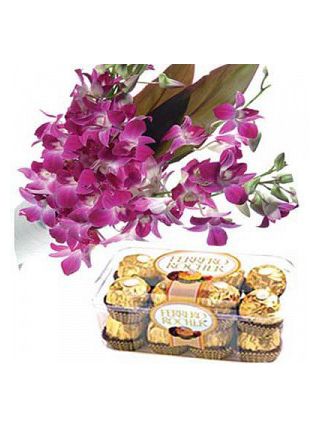 Orchids with Ferrero Rocher Chocolates (12 Flowers And 16 Pieces Chocolate) - Fresh Flowers Dubai