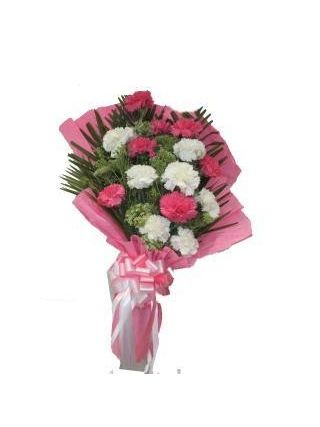 Pink and White carnations in Pink Packing - Fresh Flowers Dubai