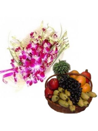 Pink Orchid 6 Stem With 2 KG Fruits Basket - Fresh Flowers Dubai