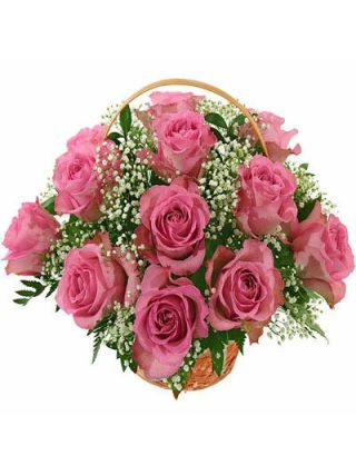 Pink Roses Basket 12 Flowers - Fresh Flowers Dubai