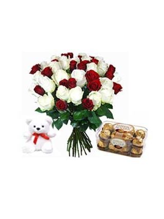 Red and white roses bunch 24 flowers with ferrero rocher chocolate and 6 inch teddy - Fresh Flowers Dubai