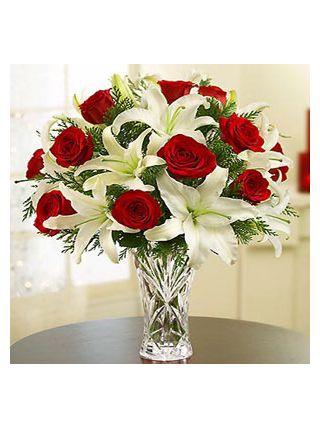 Roses &  Oriental Lilies in vase 15 Roses 5 Lilies - Fresh Flowers Dubai