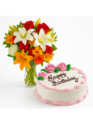 Two Dozen Mixed Seasonal Flowers in Vase with 1 Kg Strawberry Cake - Fresh Flowers Dubai