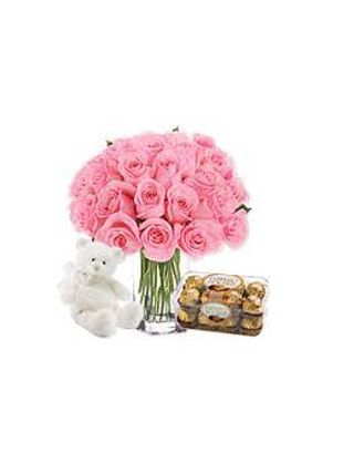 Vase Of 24 Pink Roses With Ferrero Rocher 24 Pieces And 6 Inch Teddy - Fresh Flowers Dubai