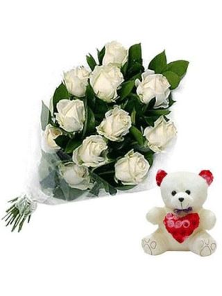White Roses Bouquet 18 Stems With 6-Inch Teddy - Fresh Flowers Dubai