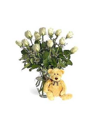 White Roses In Vase 18 Stocks With 6-Inch Teddy - Fresh Flowers Dubai