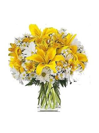 Yellow Lily And White Gerbera In Vase 20 Stems - Fresh Flowers Dubai