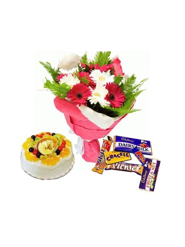 15 Mix Colours Flowers Bunch with 1 Kg Fresh Fruits Cake and Assorted Cadbury Chocolates - Fresh Flowers Dubai