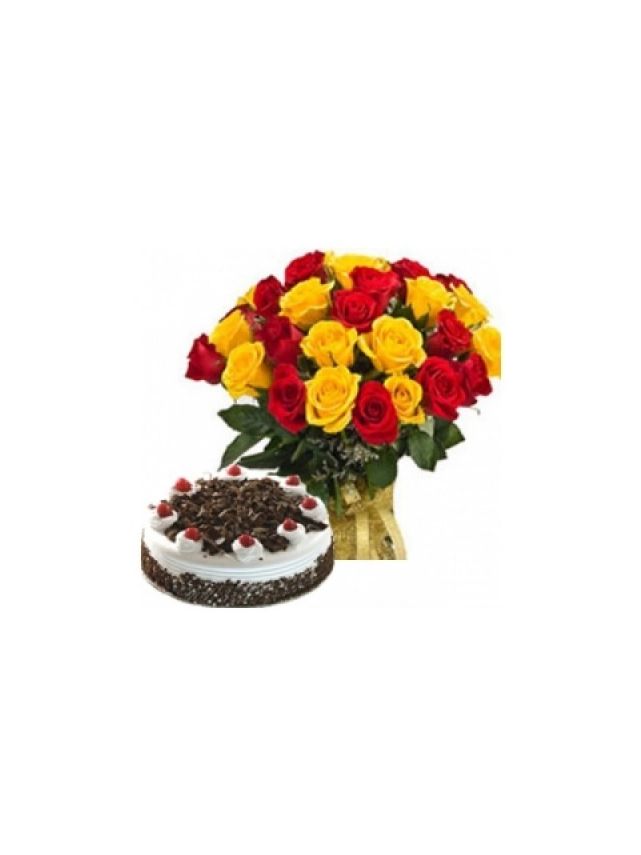 30 ROSES (MIXED COLORS) WITH 500GM CAKE - Fresh Flowers Dubai
