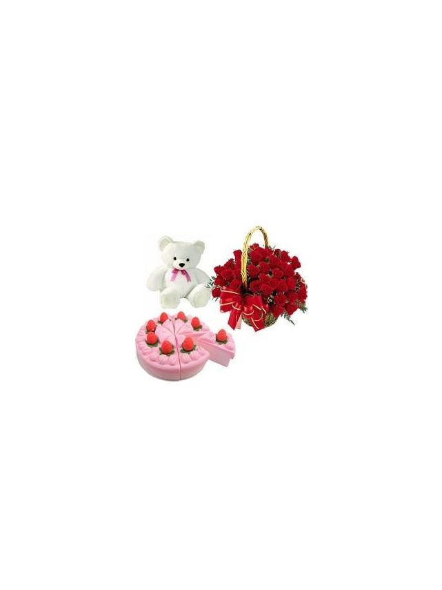 50 Red Roses Basket Arrangement with 500 gms Strawberry Cake and Cute Teddy Bear - Fresh Flowers Dubai