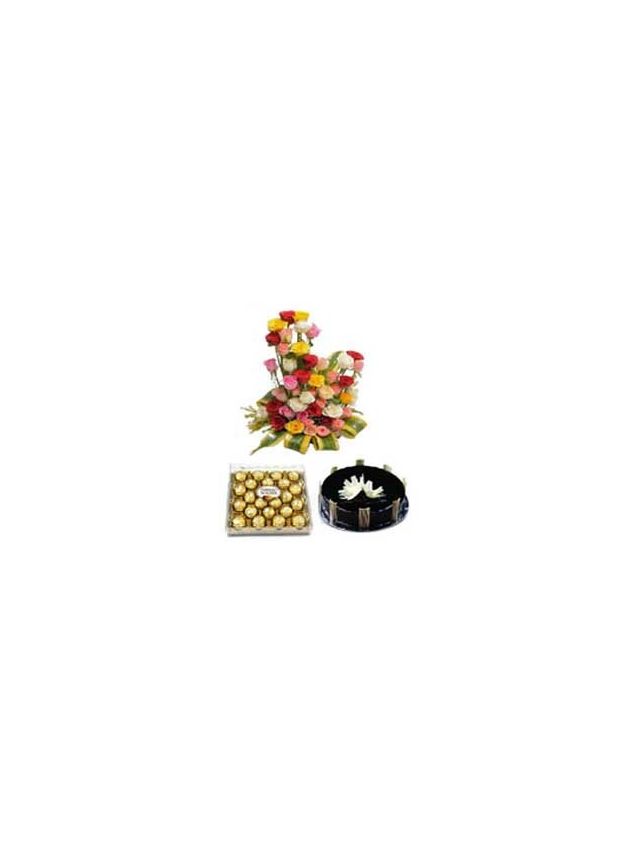 MIX ROSES BASKET 50 FLOWERS WITH 24 PIECES FERRERO ROCHER CHOCOLATE AND 500GM CHOCOLATE CAKE - Fresh Flowers Dubai
