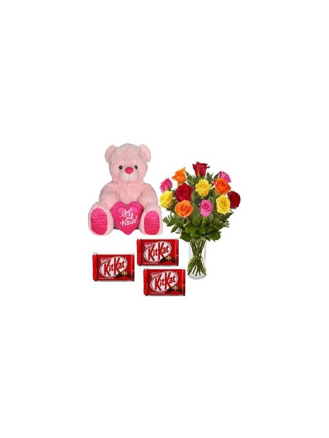 Mix Roses In Vase 24 Flowers With 6 Inch Teddy and 24 Nestle Kit Kat Bars - Fresh Flowers Dubai