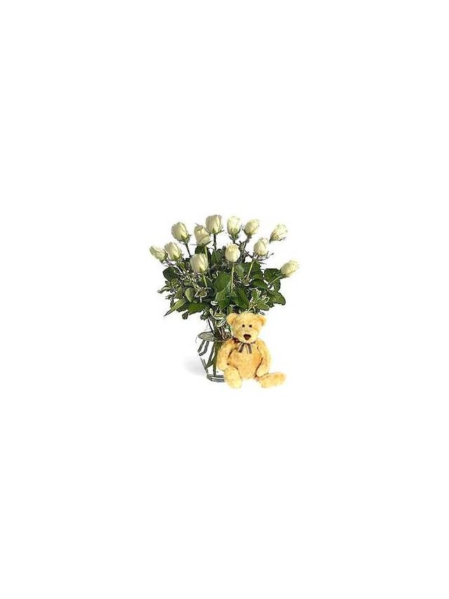 White Roses In Vase 18 Stocks With 6-Inch Teddy - Fresh Flowers Dubai