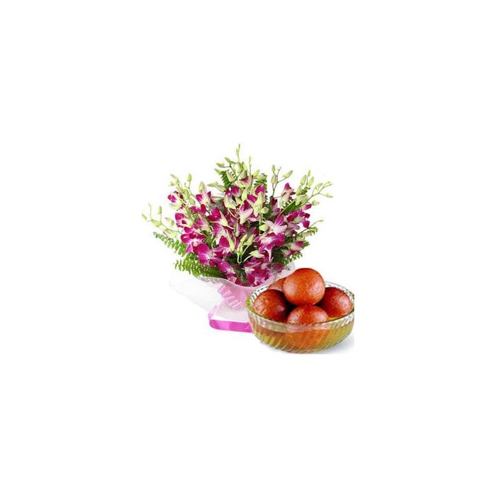 10 Orchid Stem with 1 KG Gulab Jamun