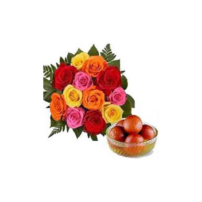 12 MIX ROSES BUNCH WITH 1KG GULAB JAMUN