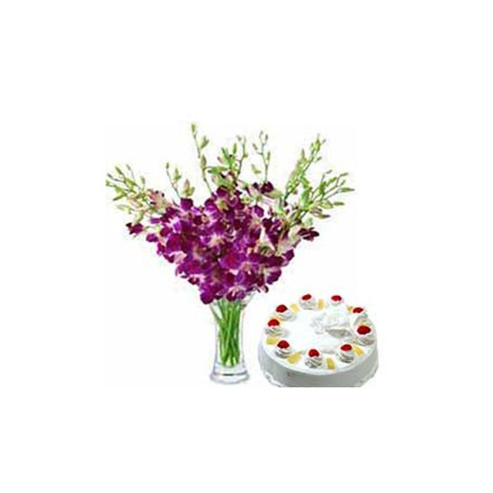 12 violets orchidées vase avec 500 g d'Ananas gâteau