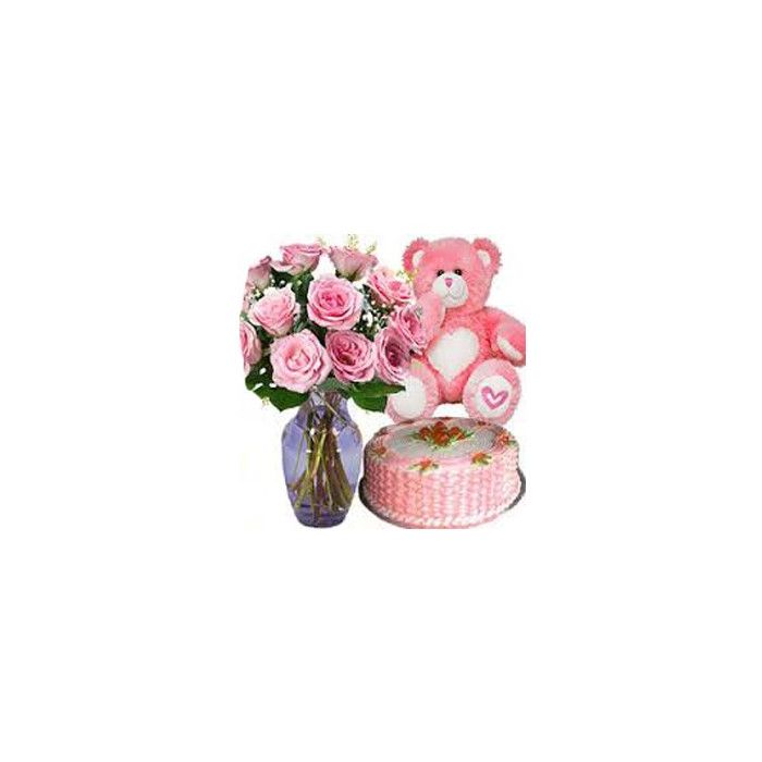 15 Pink Roses in Vase with 1 Kg Fruit Cake and 6 Inch Teddy