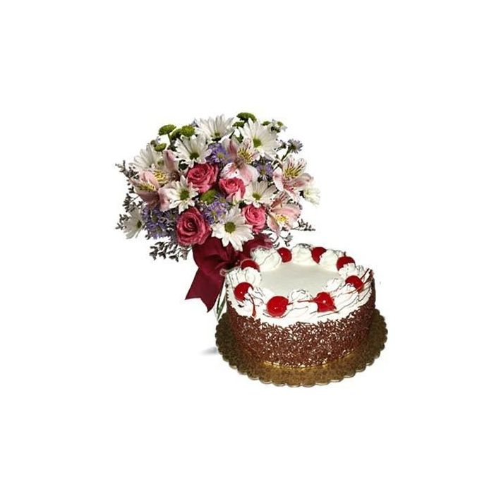 15 le mix de fleurs pour un bouquet avec 500 grammes de gâteau forêt Noire