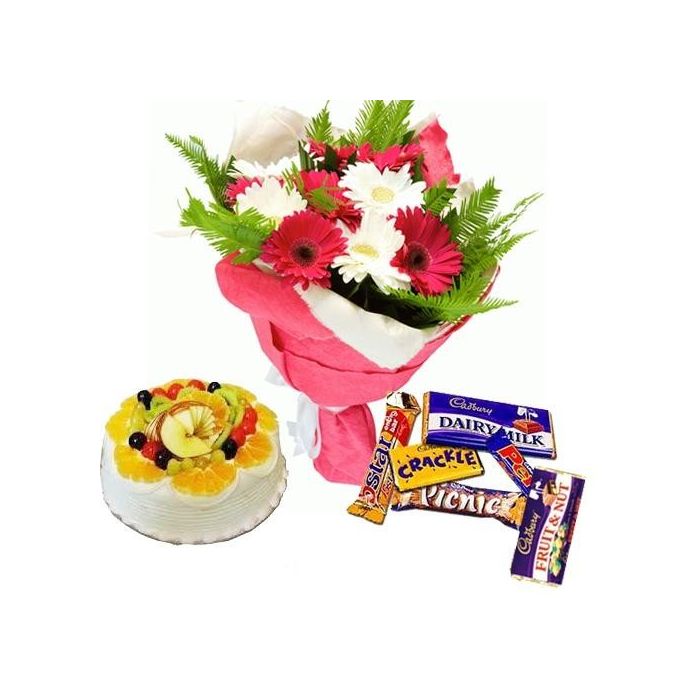 15 Mix Colours Flowers Bunch with 1 Kg Fresh Fruits Cake and Assorted Cadbury Chocolates