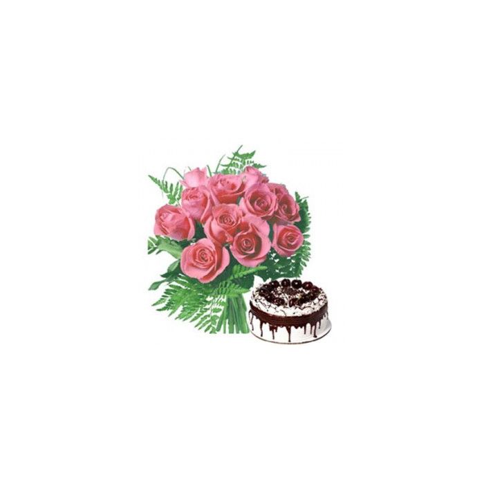 24 Pink Roses Bunch With 1 Kg Black Forest Cake