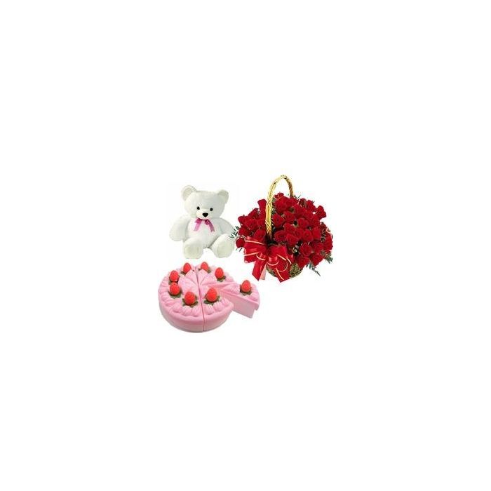 50 roses rouges panier accord avec 500 grammes de gâteau aux fraises et mignon ours en peluche