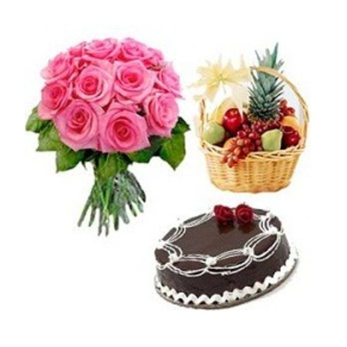 A Dozen Pink Roses Bouquet With 1 Kg Fruit Basket