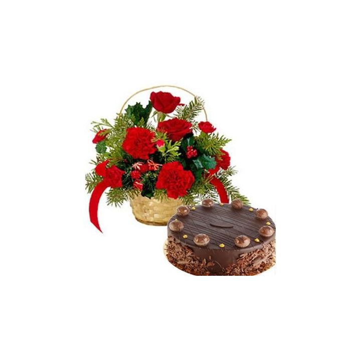 Basket Arrangement of 12 Red Carnations and Roses with 500 gms Chocolate Cake