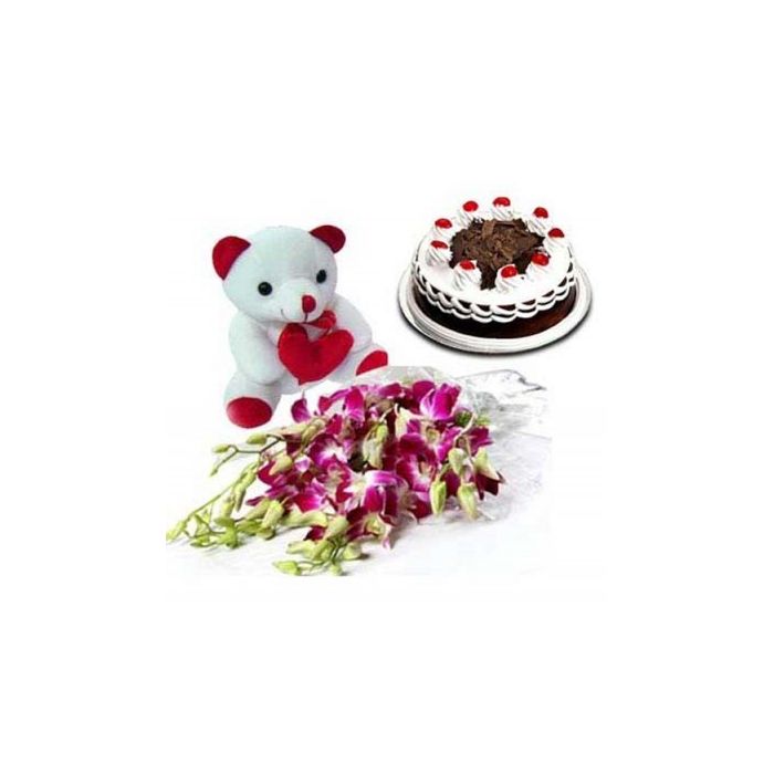 Bouquet Of 10 Orchid With 6 Inch Teddy And 1 Kg Black Forest Cake