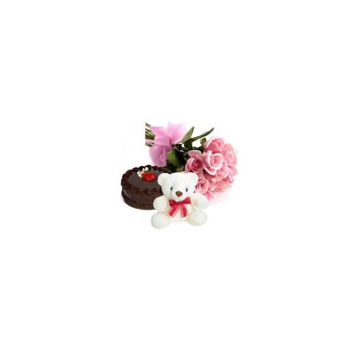 Bunch Of 12 Pink Roses With 1 Kg Chocolate Truffle Cake And 9 Inch Teddy