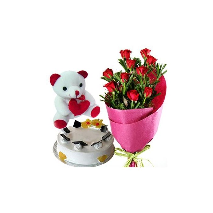 Bunch of 12 Red Roses along with 500 gms Pineapple Cake and 6 inches Cute Teddy Bear