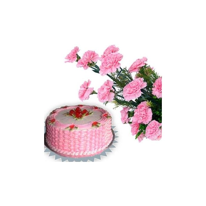 Bunch of 15 Pink Carnations along with 500 gms Fresh Cream Strawberry Cake