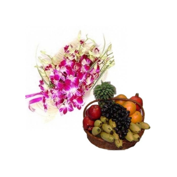 Orchidee rosa 6 gambo con 2 kg cesto di frutta 