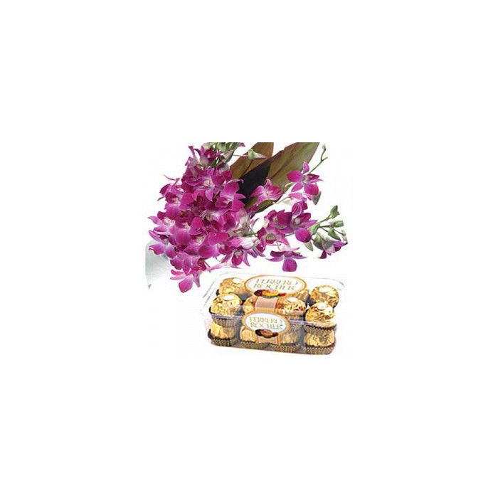 Orchids with Ferrero Rocher Chocolates (12 Flowers And 16 Pieces Chocolate)