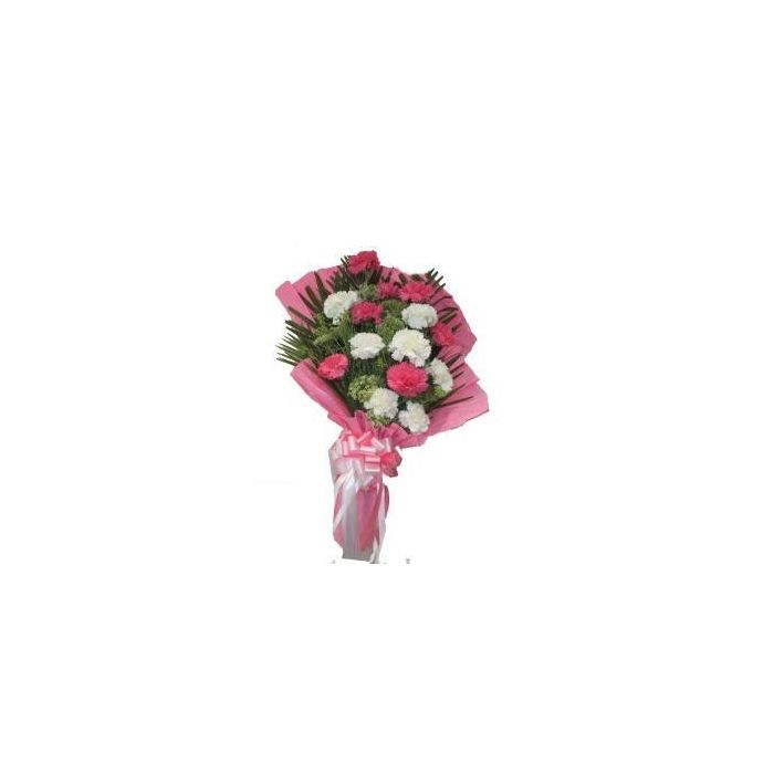 Pink and White carnations in Pink Packing