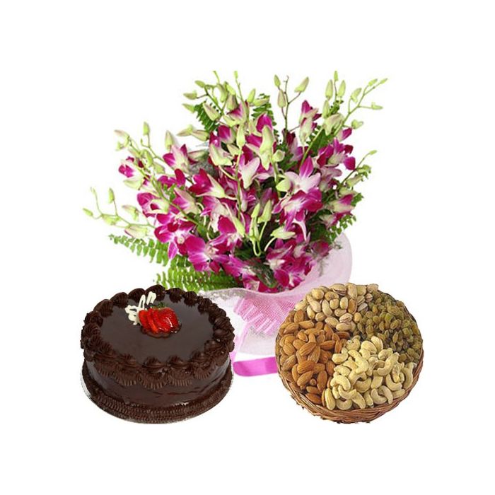 Purple Orchid 6 Stem With 1 KG Chocolate Cake and 500GM Mix Dryfruits